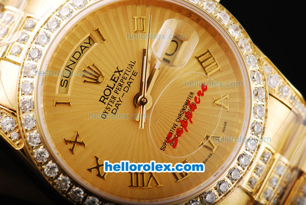 Rolex Day Date Oyster Perpetual Automatic Movement Full Gold Case with Diamond Bezel and Rose Gold Roman Markers-SS Strap - Click Image to Close